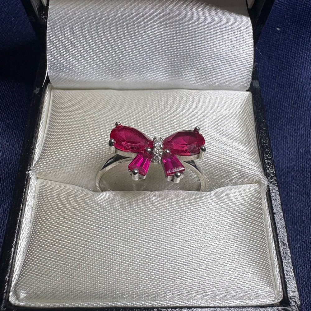 Red Ribbon Bow Ring Sterling Silver Ruby & Pave CZs - Picture 6 of 7